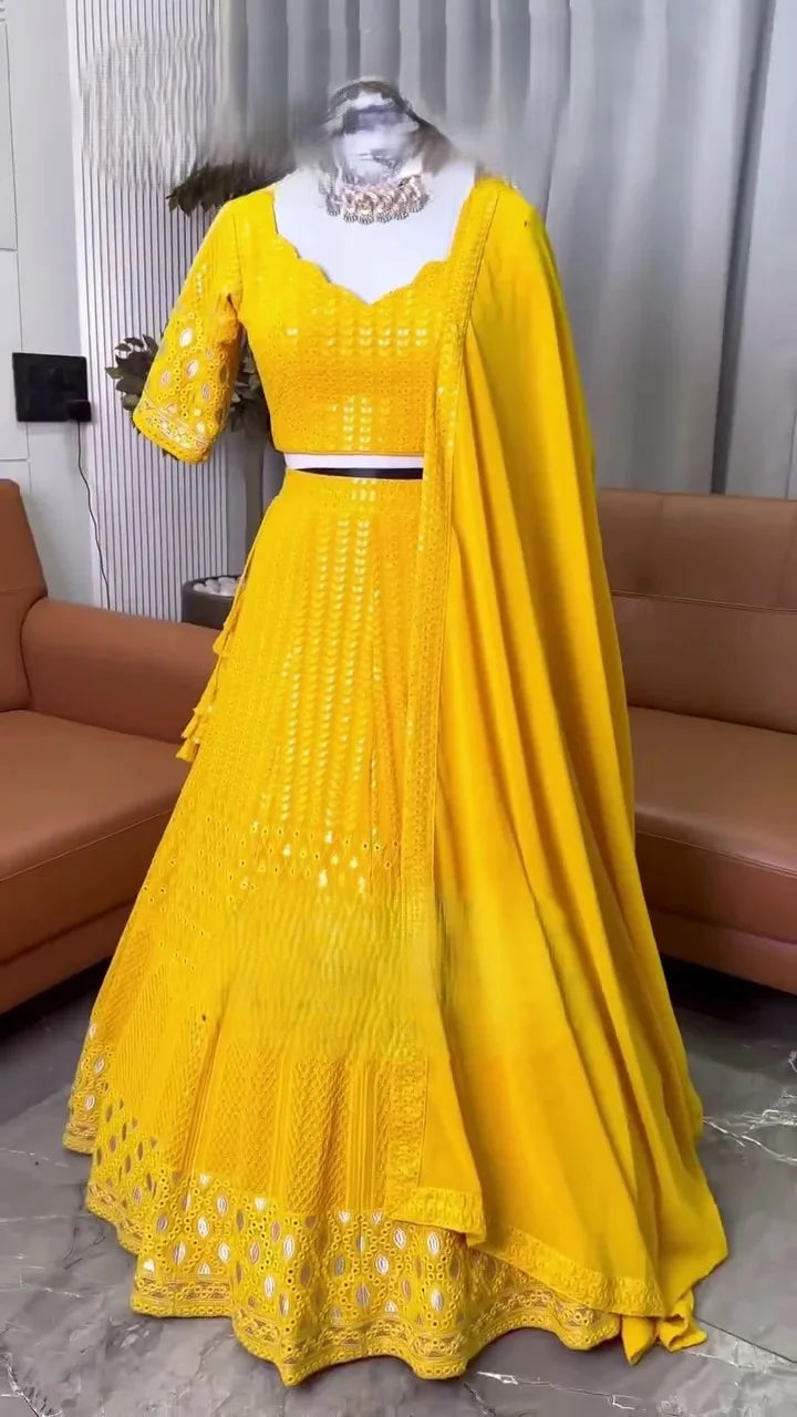 Yellow Color Designer Embroidery & Mirror Work Lehenga Choli For Haldi Function