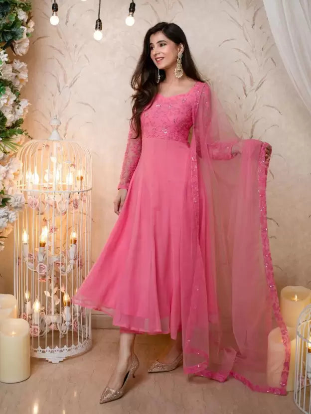 Embroidered Georgette Stitched Anarkali Gown (Pink)