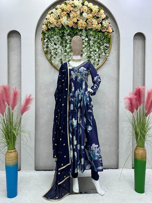 Blue Aliya Cut Dress With Real Mirror Work