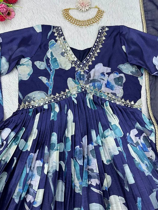 Blue Aliya Cut Dress With Real Mirror Work