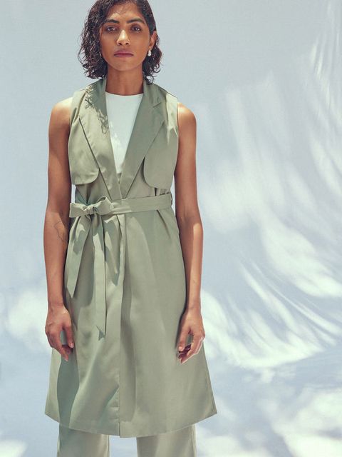 Green Lapel Collar Sleeveless Trench Coat