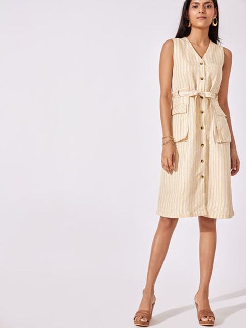 Beige Striped V-Neck Waist Belted Dress