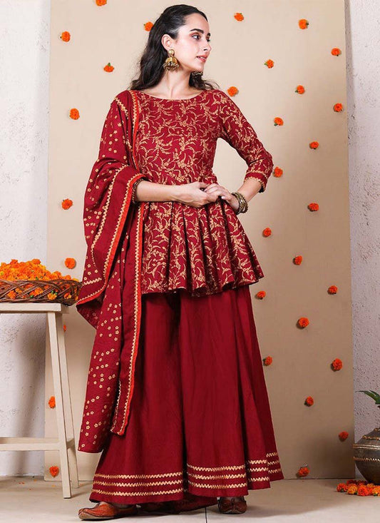 American Crepe Digital Printed Cherry Color Sharara Suit