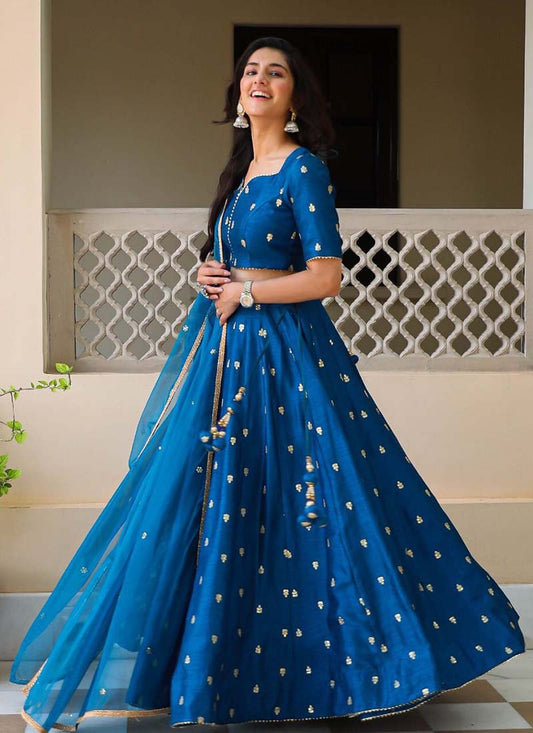 Awesome Royal Blue Satin Banglory Faric Festival Wear Lehenga Choli.