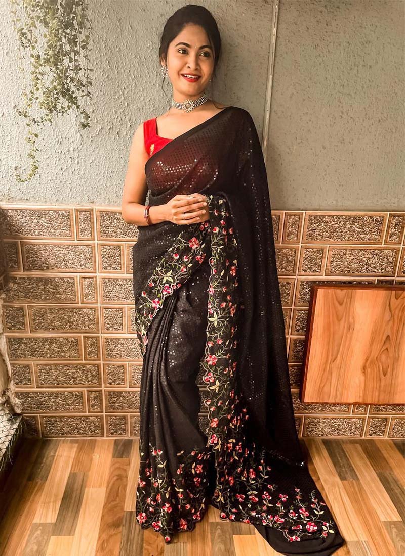 Black Color Rich Pallu Fancy Sequence Work Partywear Saree