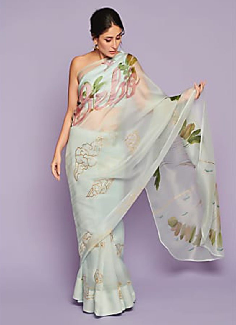 Bollywood Style Light Green Flower Digit Print Oragnza Saree