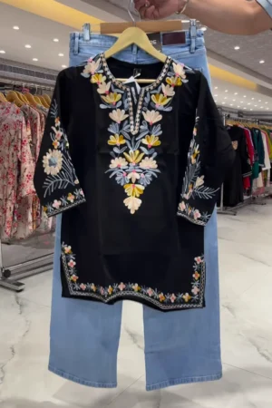 Women’s Black Floral Embroidered Kurti with Light Blue Denim Pants