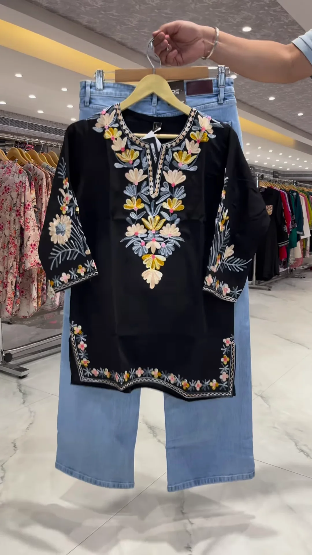 Women’s Black Floral Embroidered Kurti with Light Blue Denim Pants