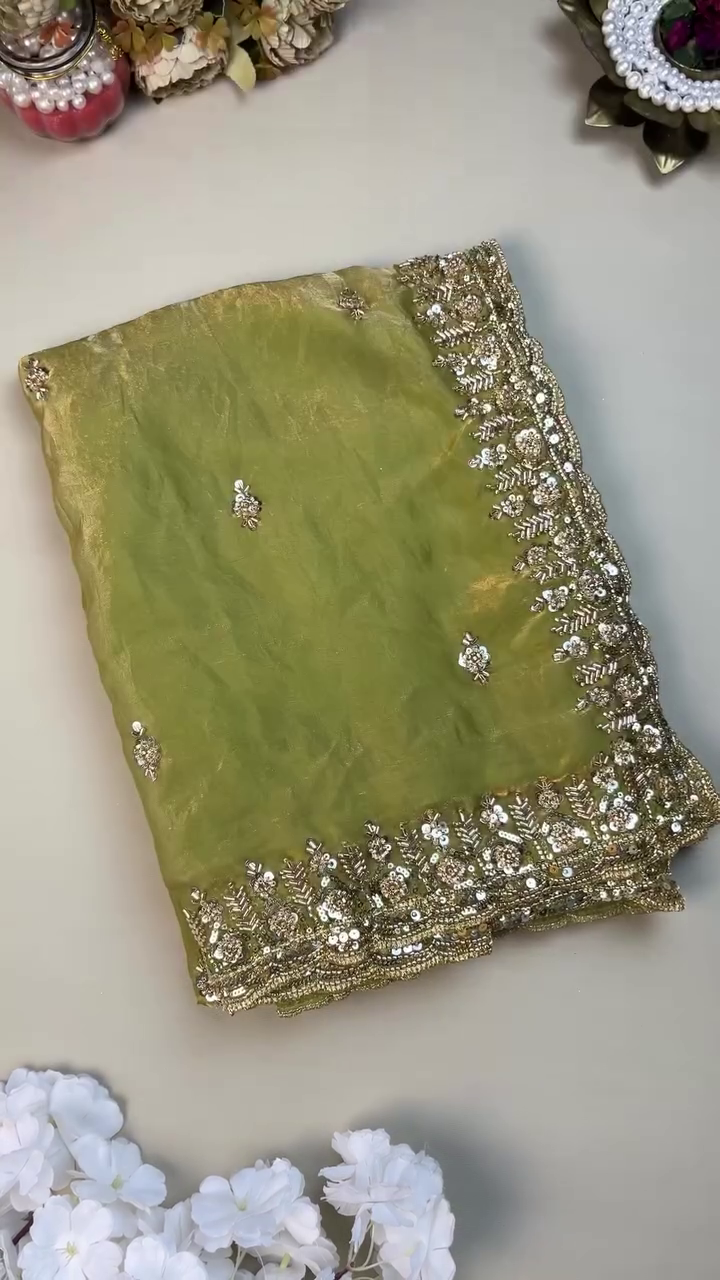 Green Color Organza Heavy Work Party Wear Saree - Image 7