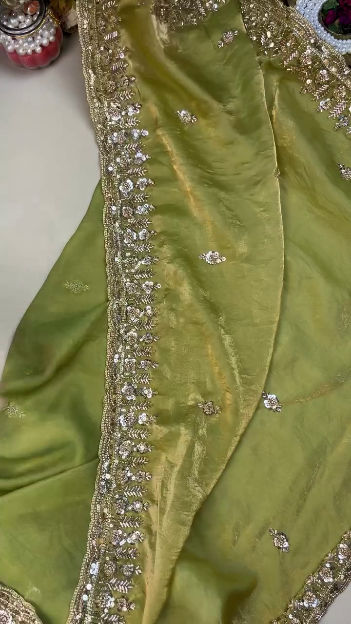Green Color Organza Heavy Work Party Wear Saree - Image 5